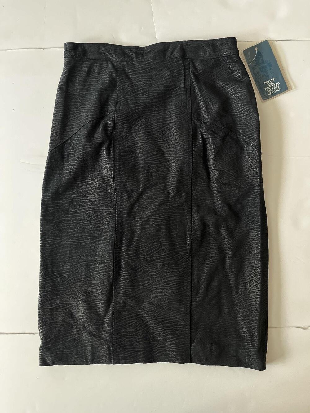 VTG Pelle Cuir Skirt Womens 14 (S) Black Leather Animal Print Pencil Lined Knee